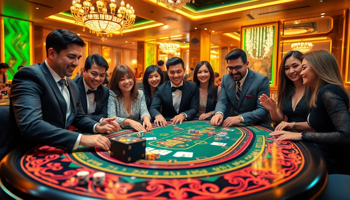 Excited players experience the thrill of TÀI XỈU MD5 at a vibrant casino table filled with dice and chips.