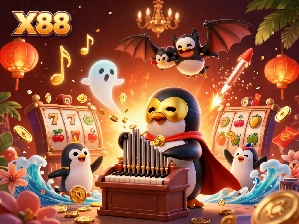 X88 enhances gaming excitement with a penguin organ player surrounded by festive slot elements.