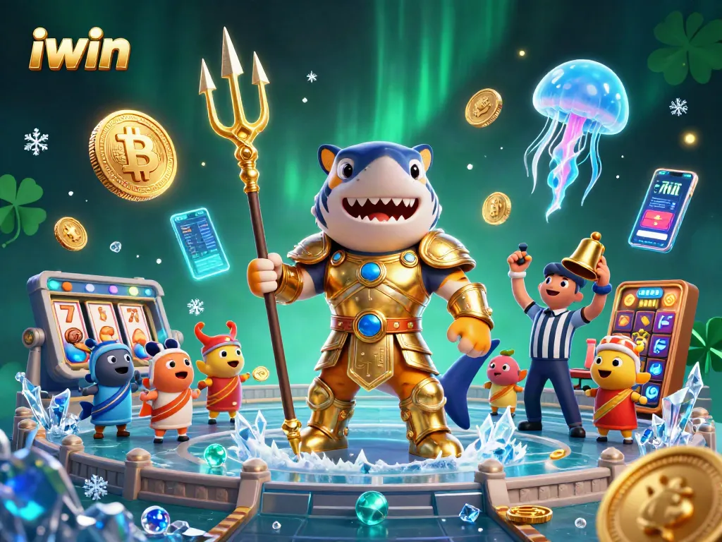 iwin's dynamic underwater colosseum scene with a tiger shark, colorful slot elements, and vibrant crypto coins