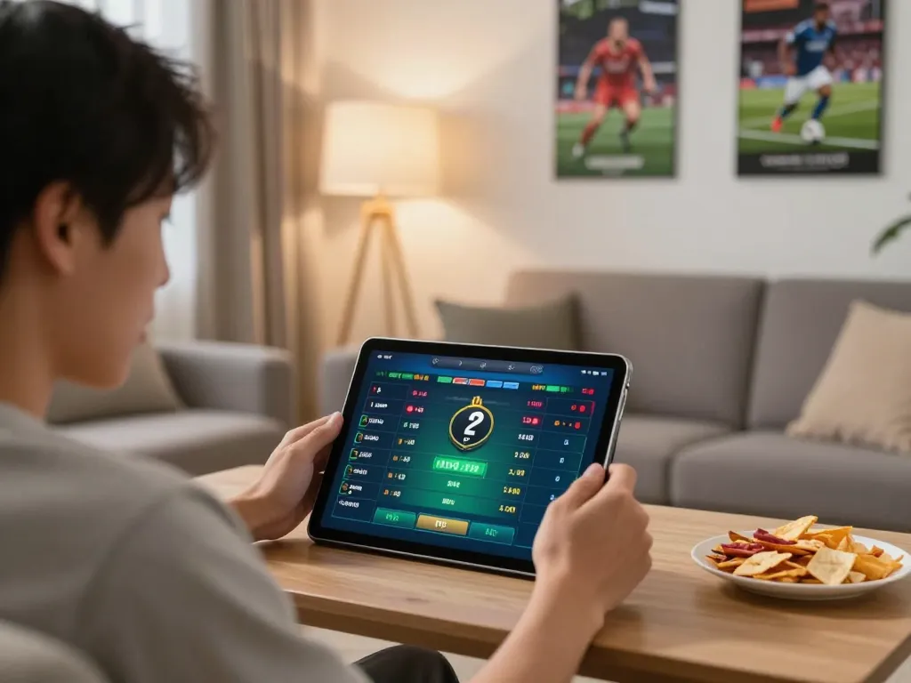 F168 user placing online sports bets on tablet in cozy living room