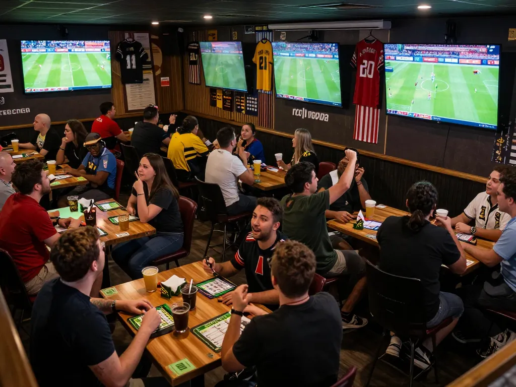 Fans engaged in sports betting excitement at nhandinhkeonhacai during a major football match.