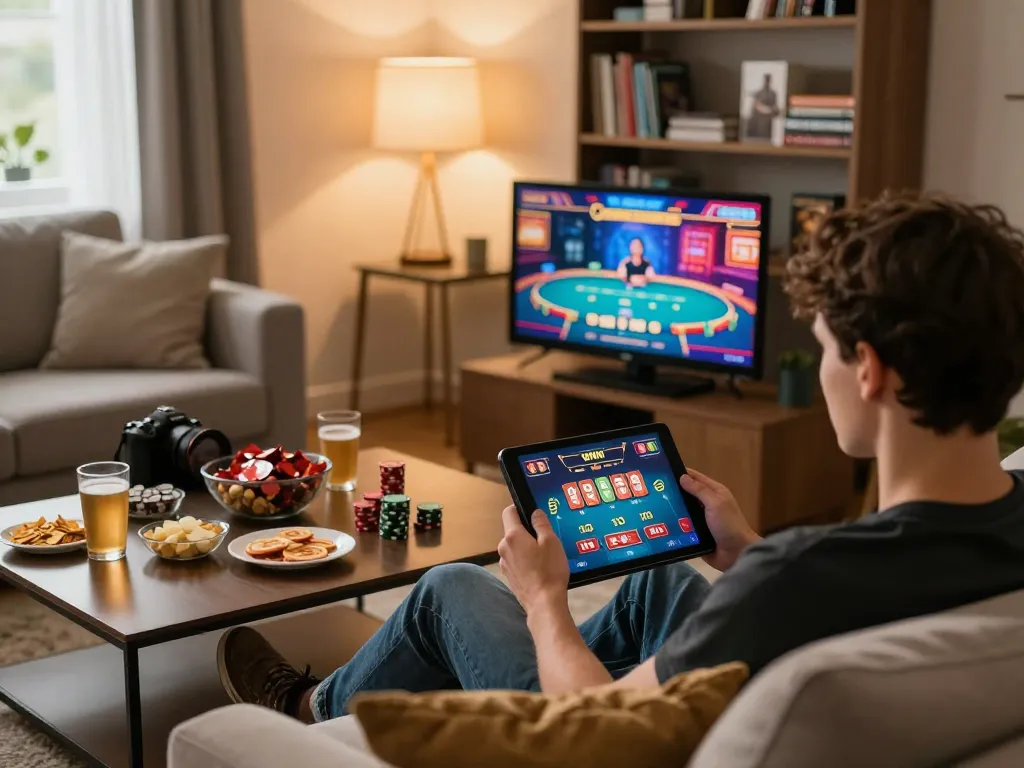 Engaging in the 123 Win poker game on a tablet in a cozy home environment.