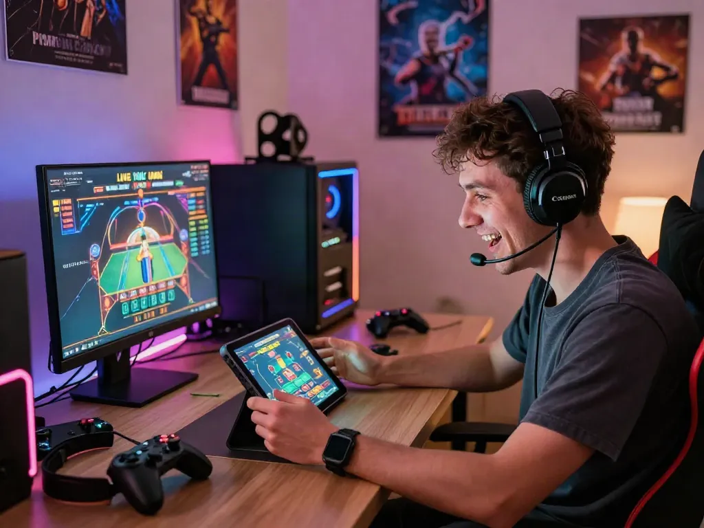 Engaged user playing DA88 live casino on a tablet, showcasing vibrant gaming setup and expression of excitement.