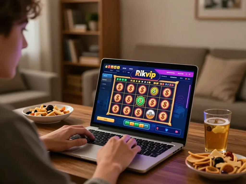 Player enjoying an immersive rikvip slot game on a laptop at home with cozy lighting.