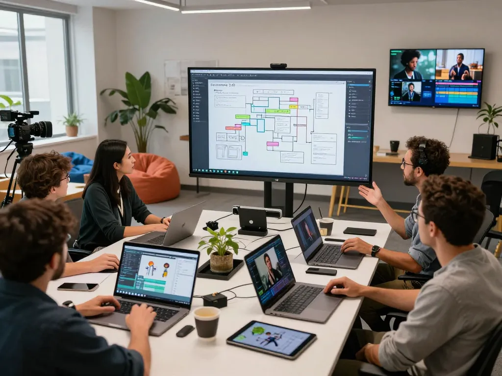 Collaborative Seedance 2.0 production team generating AI video narratives in a dynamic studio environment