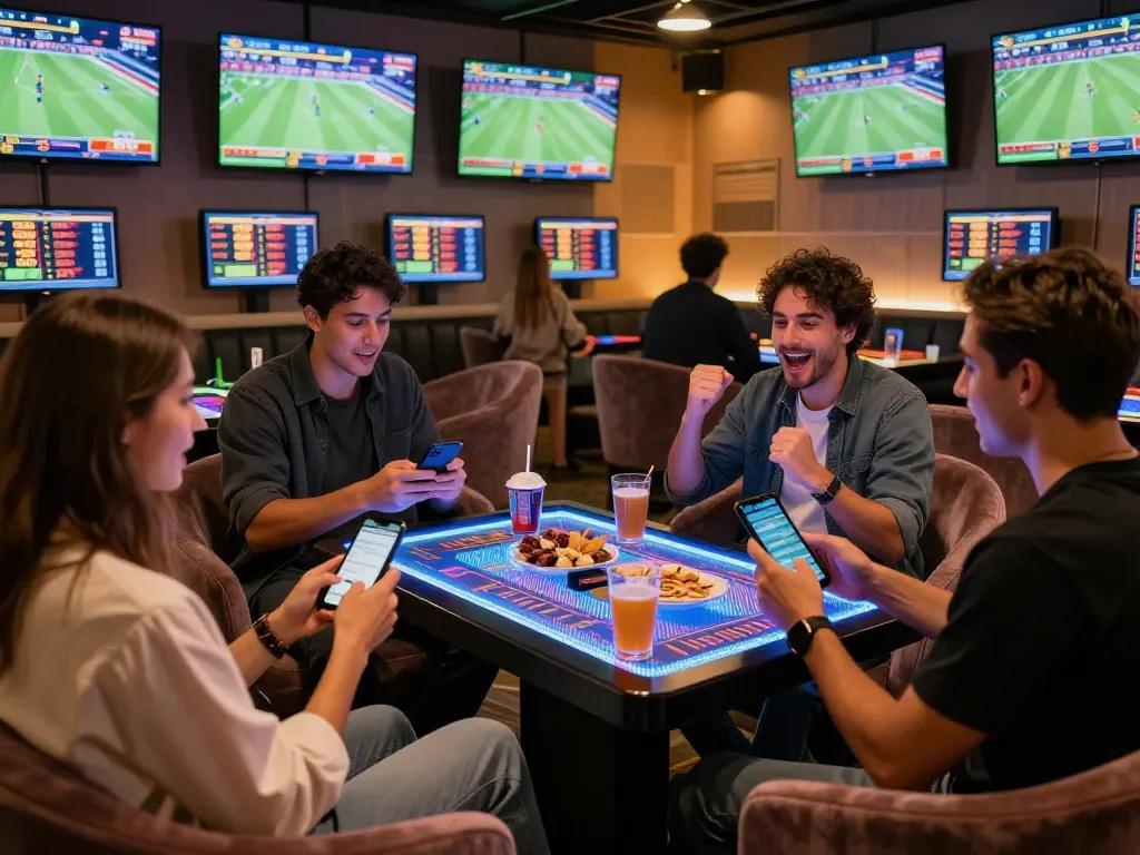 Friends enjoying live sports betting at Rikbet lounge with screens and snacks.