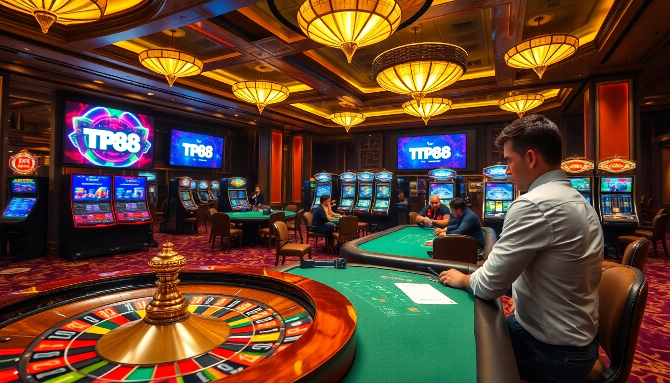 Play at TP88's exciting casino tables with energetic gamblers enjoying the thrill of high-stakes action.