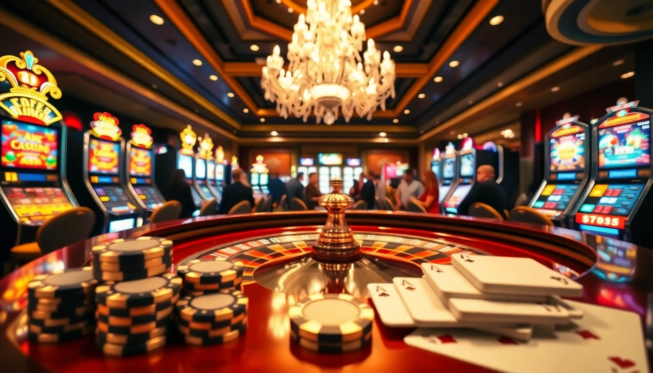 Players enjoying games at a luxurious casino featured on https://bem88.com with vibrant roulette and slot machines.
