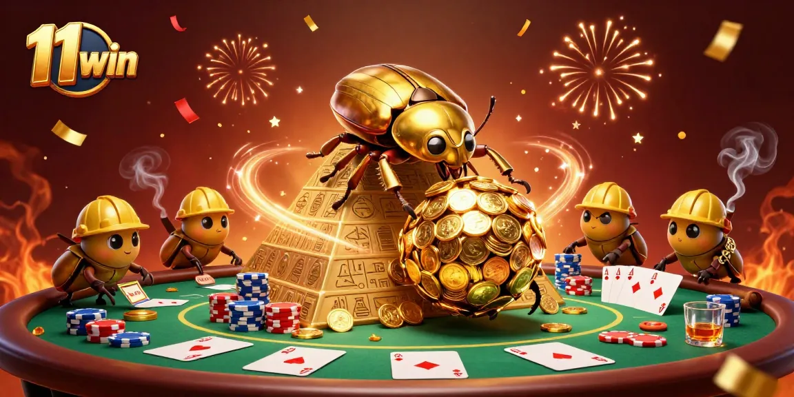 Experience the thrill of 11 win with a vivid casino scene featuring golden beetles and poker elements.