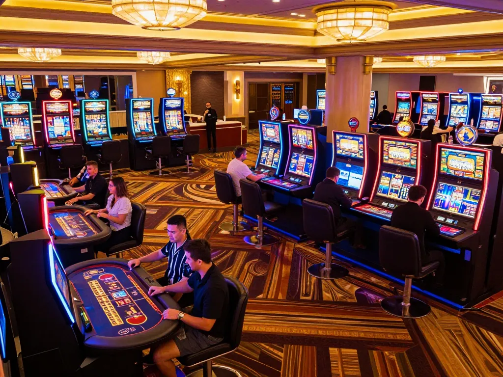 Engaged players enjoying diverse gaming options at nhà cái onbet, highlighting thrilling slot machine action in a vibrant casino.
