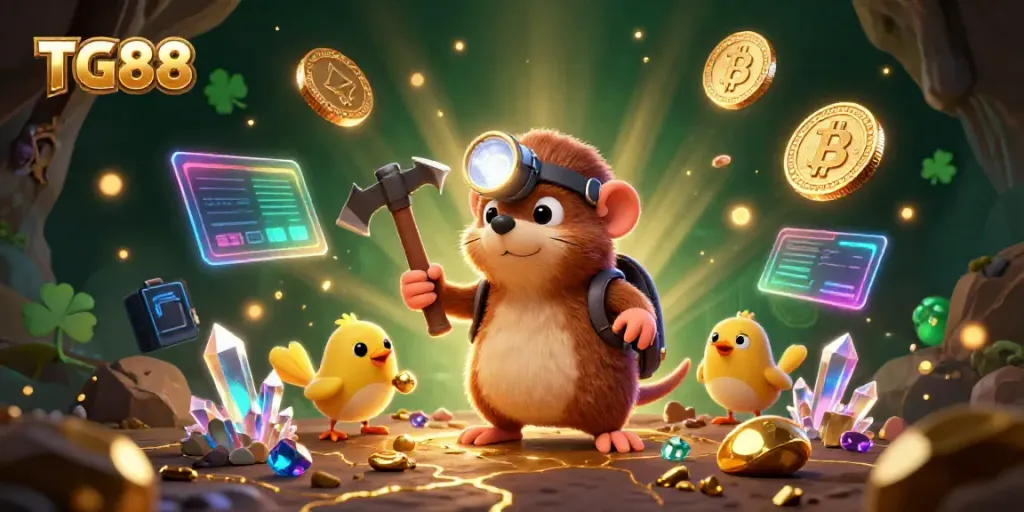 Engage with TG88's vibrant cartoon scene of a treasure hunter mole and cryptos for gaming excitement.