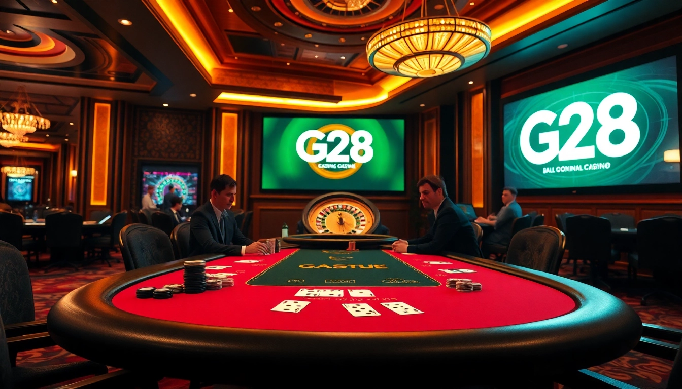 High-stakes poker gameplay at G28 casino with vibrant chips and cards.