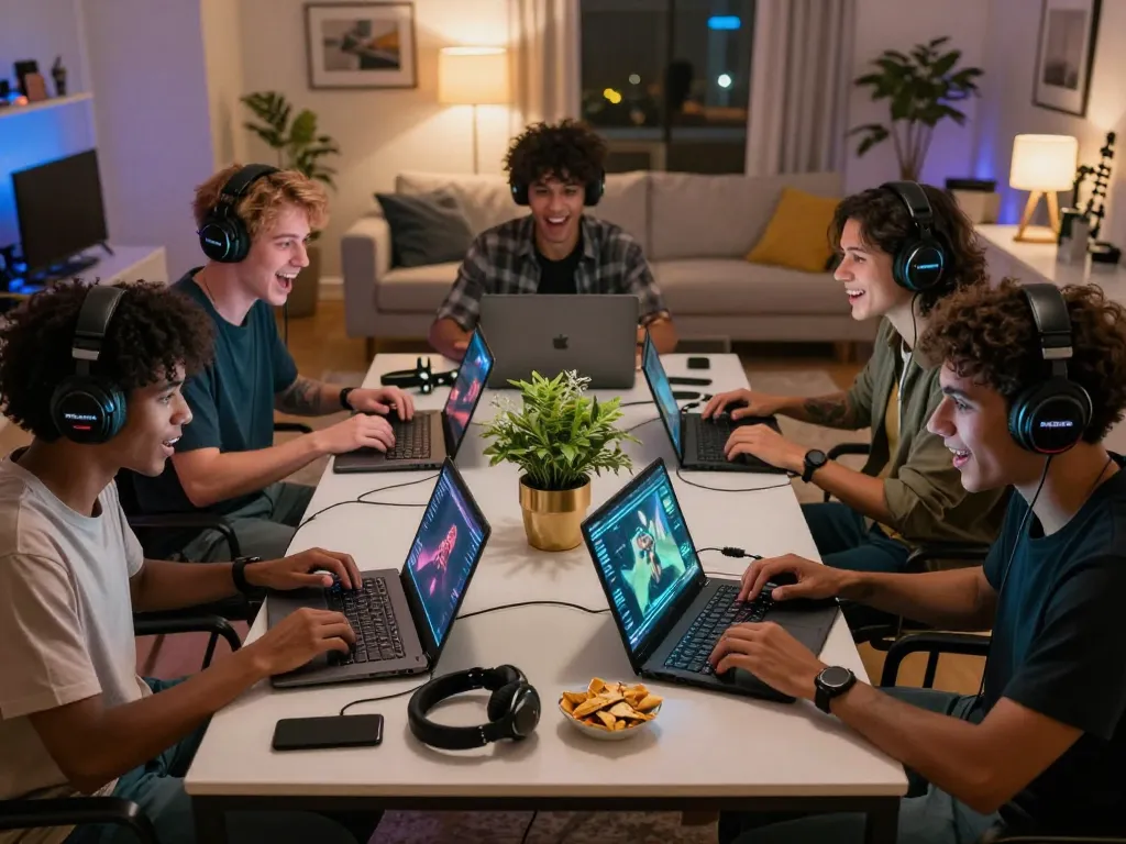 Engaged group of friends enjoying a gaming session on 789club, showcasing excitement and connection.