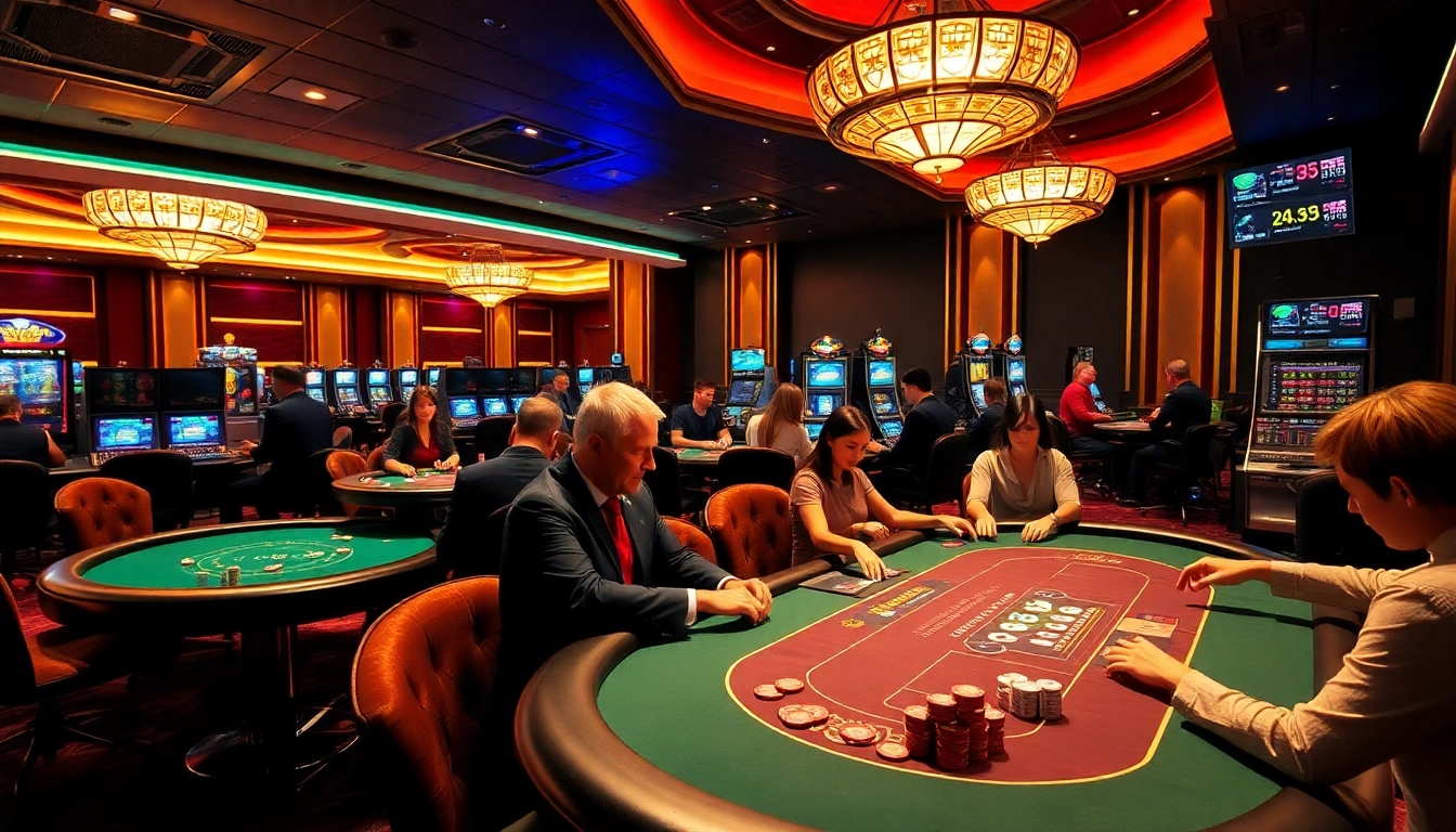 Experience the excitement of F168 with dynamic poker tables and vibrant slot machines in a luxurious casino.