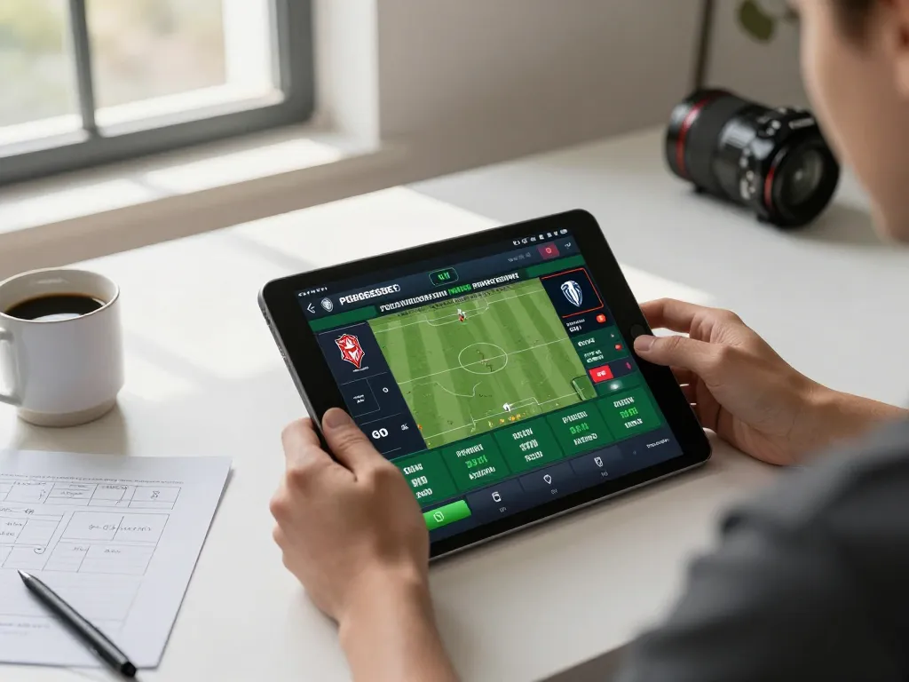 Tỷ lệ kèo nhà cái hôm nay displayed on a tablet as a user places a bet during a live sports event.