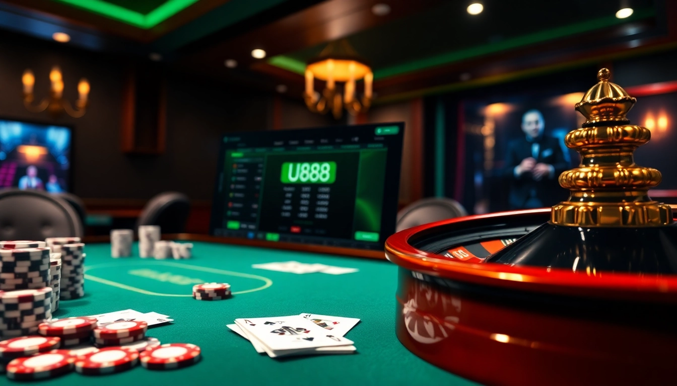 Experience thrilling moments at UU88 with poker chips and betting cards on a luxurious casino table.