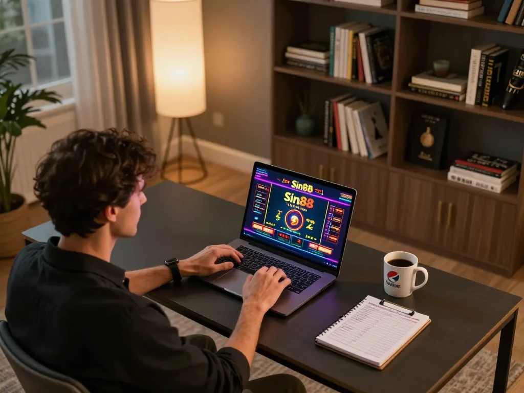 Engaging with Sin88 online casino interface in a stylish home office for strategic gameplay.