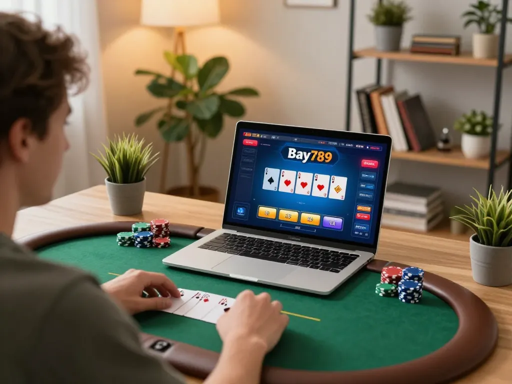 Engaging gameplay at Bay789 on a laptop in a stylish home office setting.