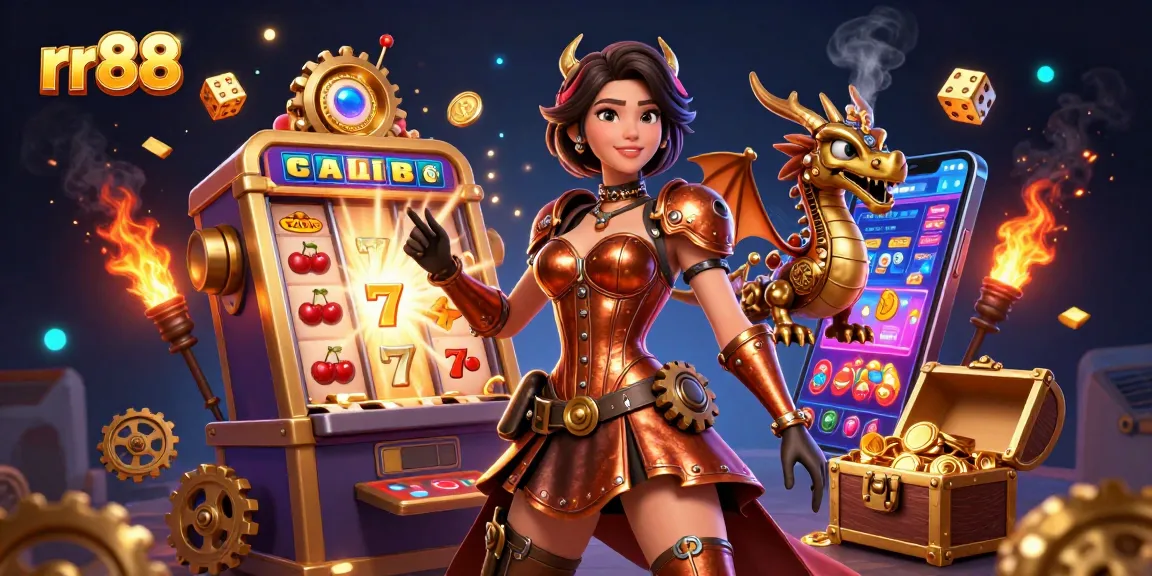 Experience the thrill at rr88 with a vibrant 3D casino scene, featuring exciting slot machines and dynamic game elements.