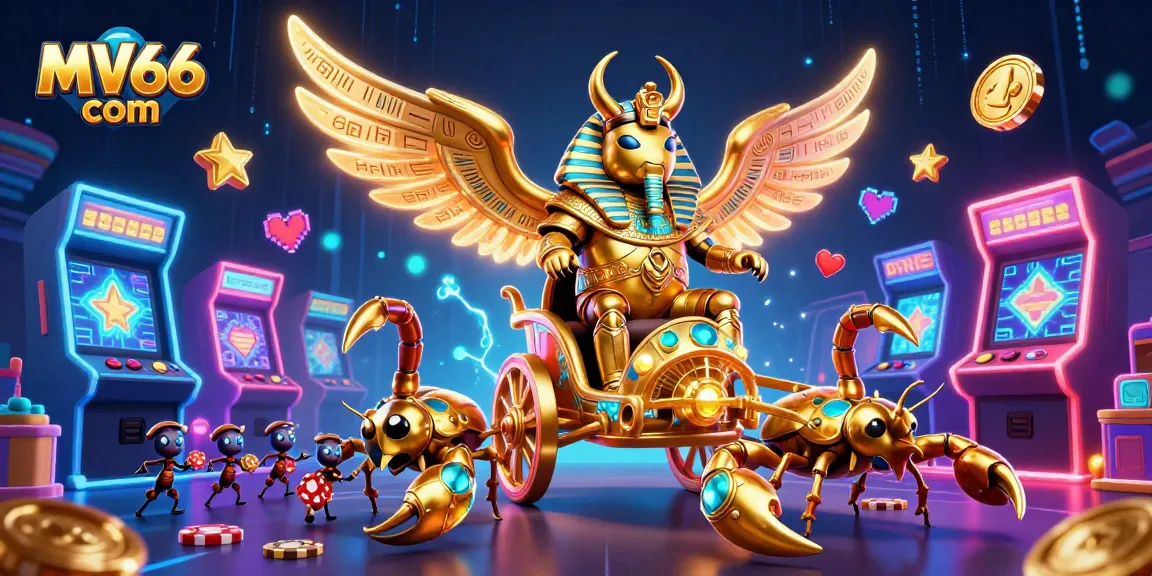 Experience the excitement with MV66 com, featuring a golden scarab beetle and vibrant casino elements