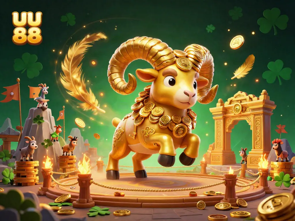 Experience the excitement of uu 88 with a dynamic scene featuring a golden ram charging through a lavish casino setting.