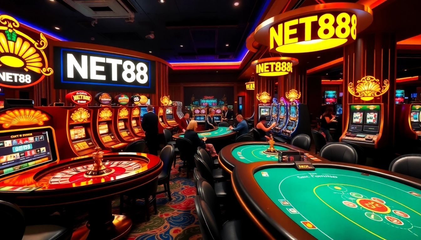 Gamble responsibly at NET88, featuring a vibrant casino scene with poker and roulette tables.