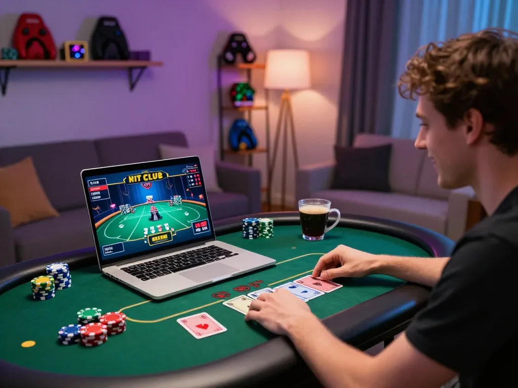 Player engaging with HIT CLUB online gaming portal, enjoying an immersive poker experience on their laptop.