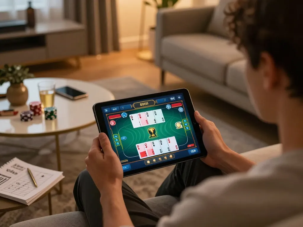 B52club player enjoying a mobile poker game in a cozy living room setting, strategic gaming atmosphere.