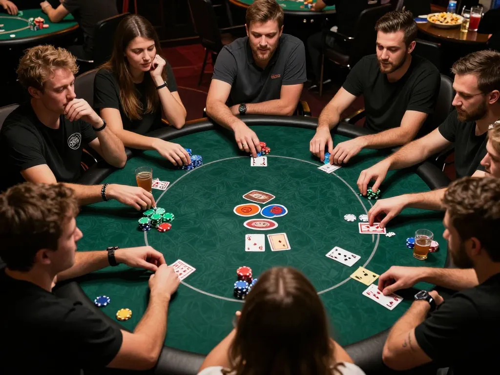 Players enjoying an engaging poker game at home showcasing various chips during a km777 gathering.