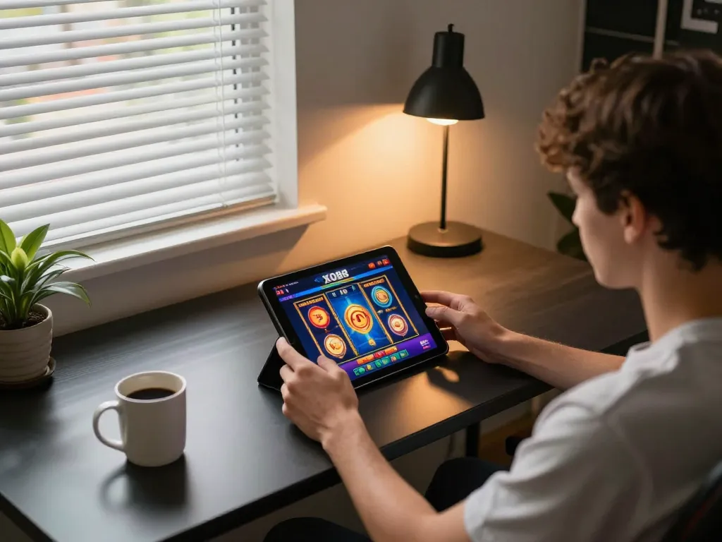 Player enjoying gaming on the XO88 app, showcasing lively slot games in a cozy home setup
