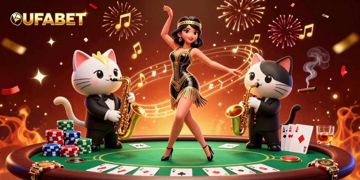 Experience the excitement of UFABET with vibrant casino action and dynamic characters celebrating wins at the poker table.