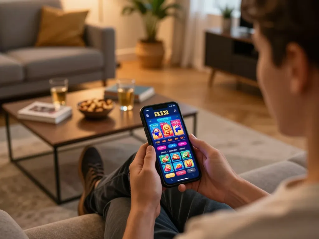 Engaging in EK333 online gaming with a smartphone in a cozy home environment, embodying responsible entertainment.