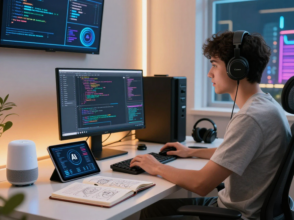 Engaged young adult exploring innovative AI concepts in a modern workspace, coding and analyzing data for ia +18.