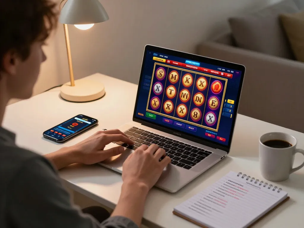 Player engaging in strategic online gaming at home with a laptop showing 789win1 casino slots, emphasizing enjoyable gambling.