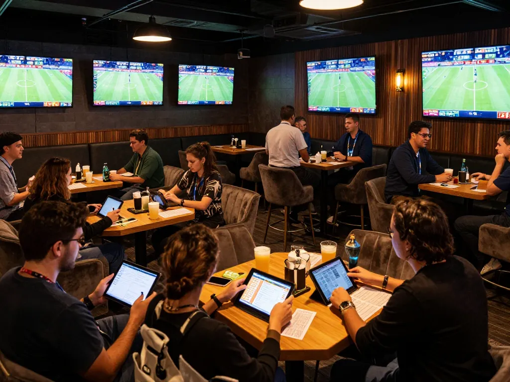 Betting enthusiasts engaging with live sports matches at a vibrant lounge with modern decor and S666 odds