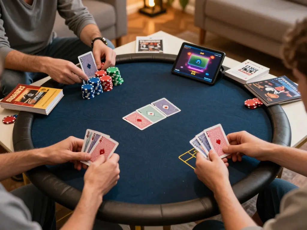 Players enjoying a strategic game at the lc88 club during a home poker night, showcasing engaged gameplay and cozy atmosphere.