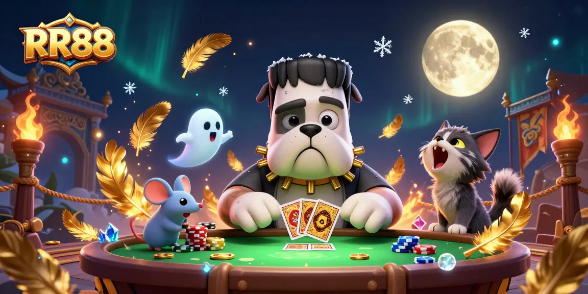 RR88 engages players with a thrilling 3D casino experience, featuring lively characters dealing cards.