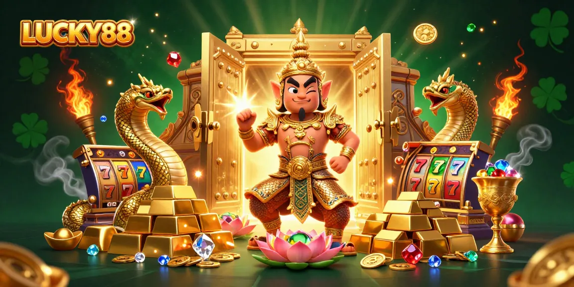 Experience thrilling wins with LUCKY88 in a vibrant 3D casino scene filled with treasures and excitement.