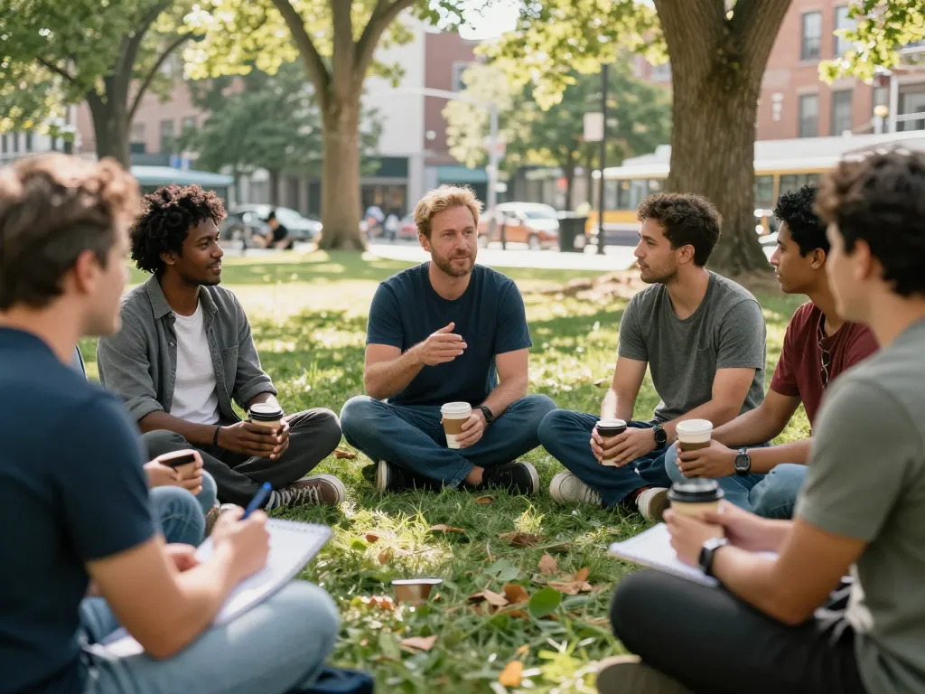 Men connecting and sharing in a supportive manclub gathering at a park.