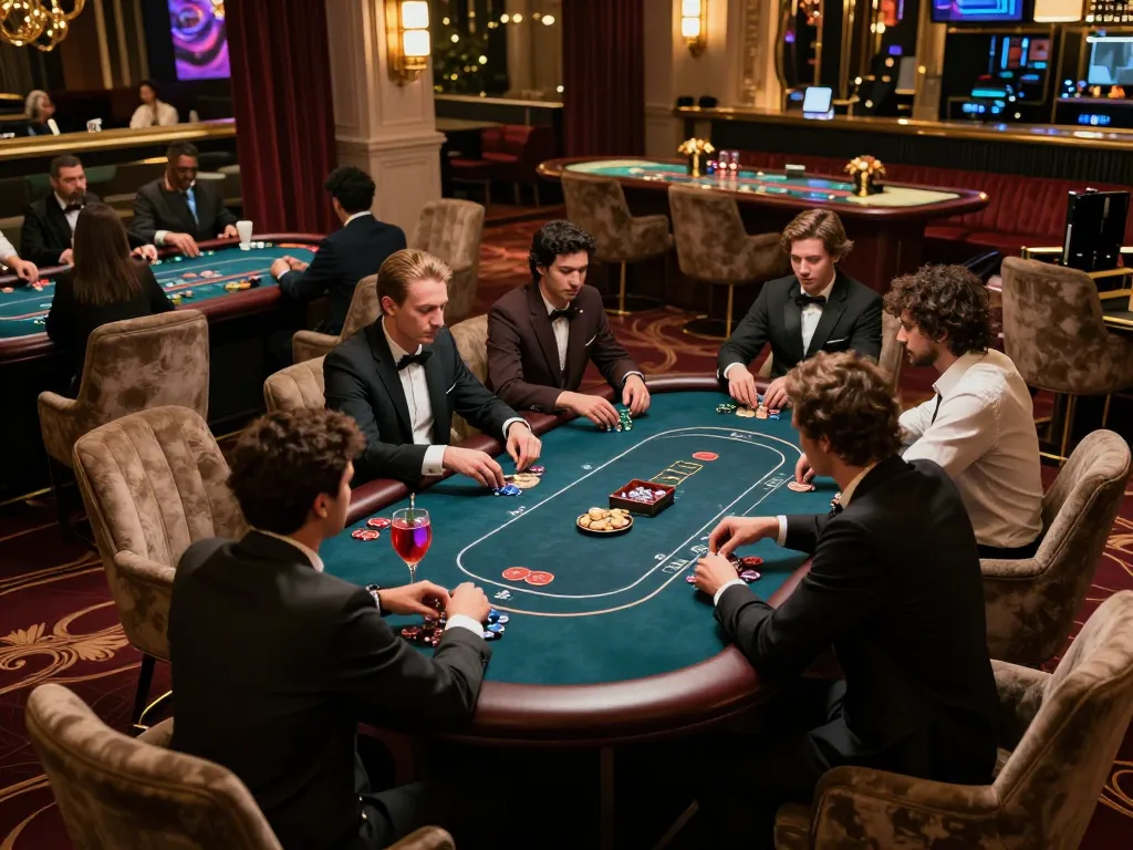 jun88 players engaging in high-stakes poker in a luxury casino VIP area