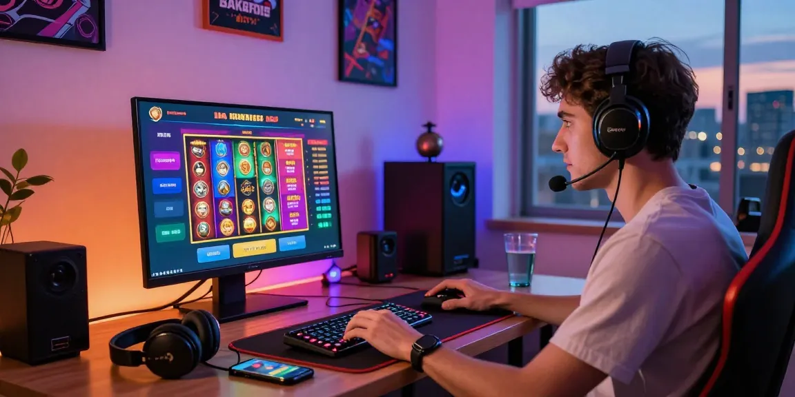 Engaging player at a laptop in a lively home setting, showcasing casinos that accept credit cards with vibrant game visuals and promotional offers.