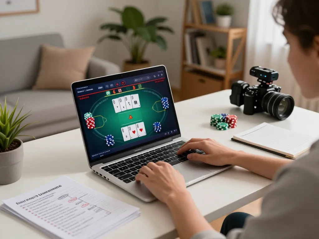 NK88 user engaged in online poker game from home, highlighting strategic gameplay.