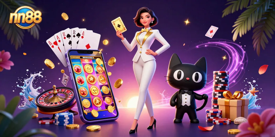 Win big with nn88's thrilling casino scene, featuring stylish characters and vibrant game elements.