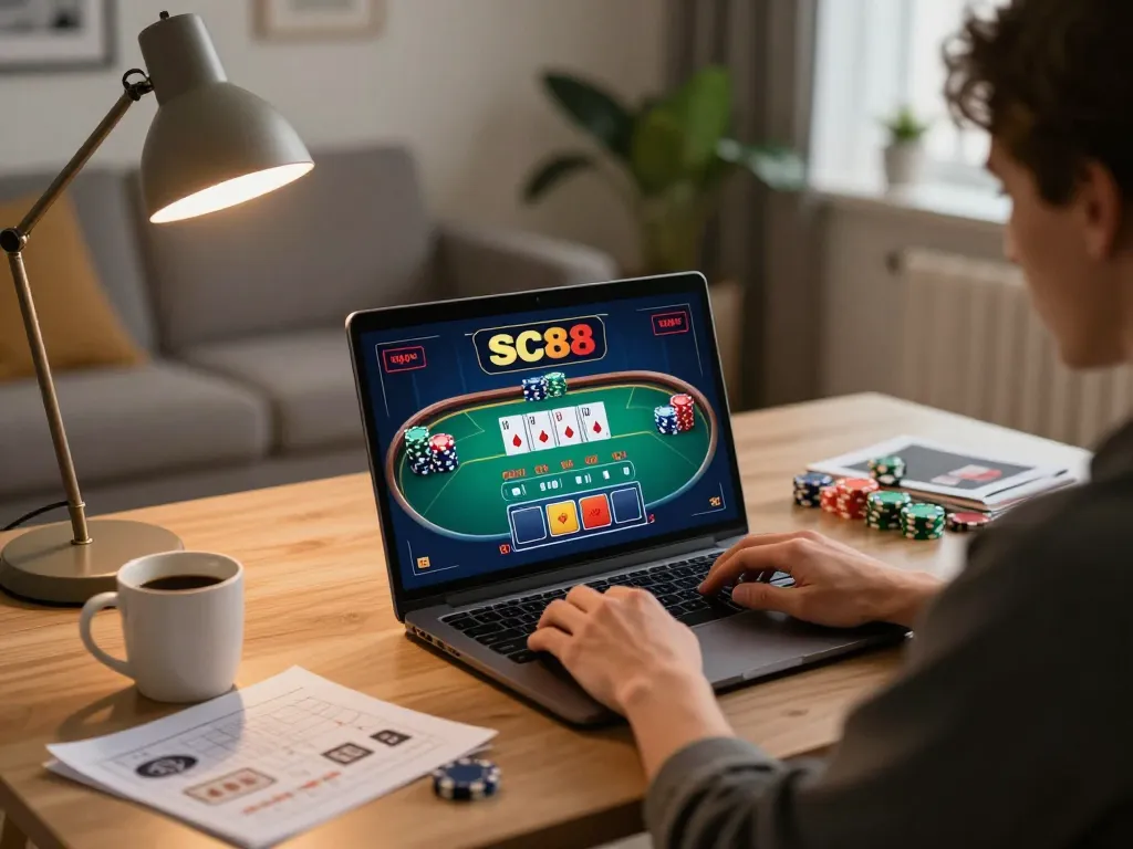 Engaging in SC88 online poker strategy with chips and cards visible on laptop screen.