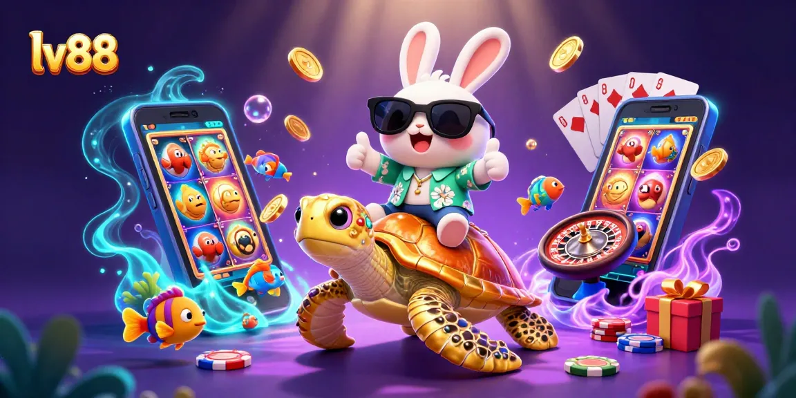 Experience fun with lv88, featuring a lucky rabbit and golden sea turtle in a vibrant casino scene.