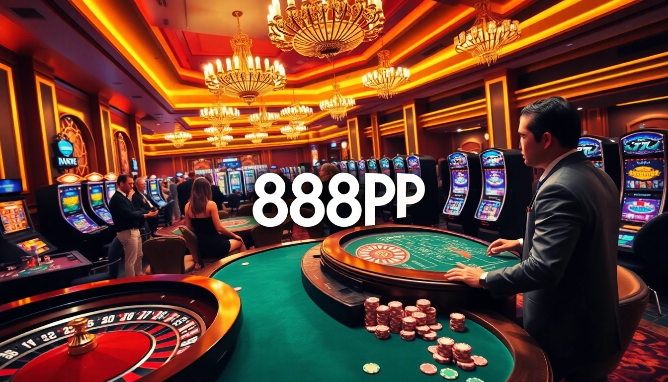 Players enjoying a thrilling experience at 888P's luxurious casino tables with vibrant elements.