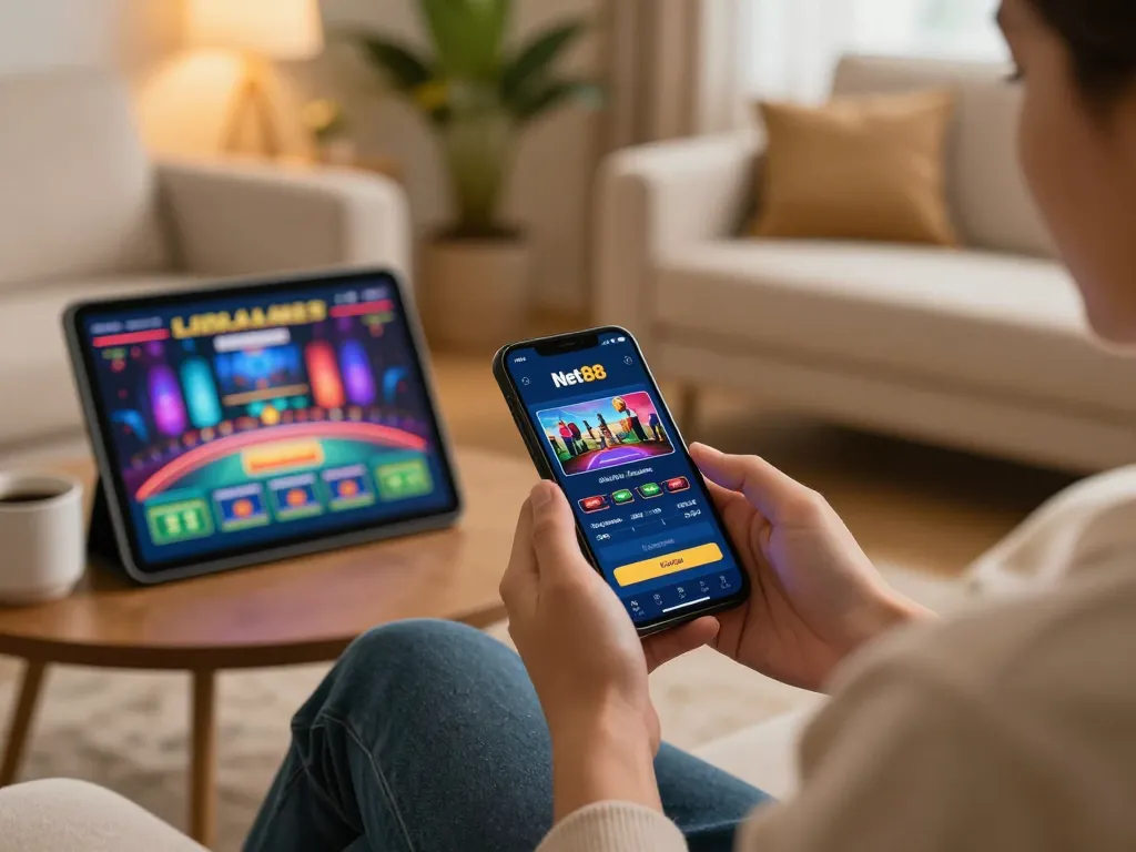 Player engaging in Net88 mobile gaming from home, highlighting a cozy and responsible gambling experience.