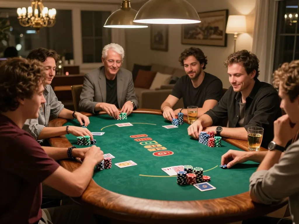 Home poker night with friends strategizing their moves at the Trang chủ Sky88 card table, showcasing an engaging game.