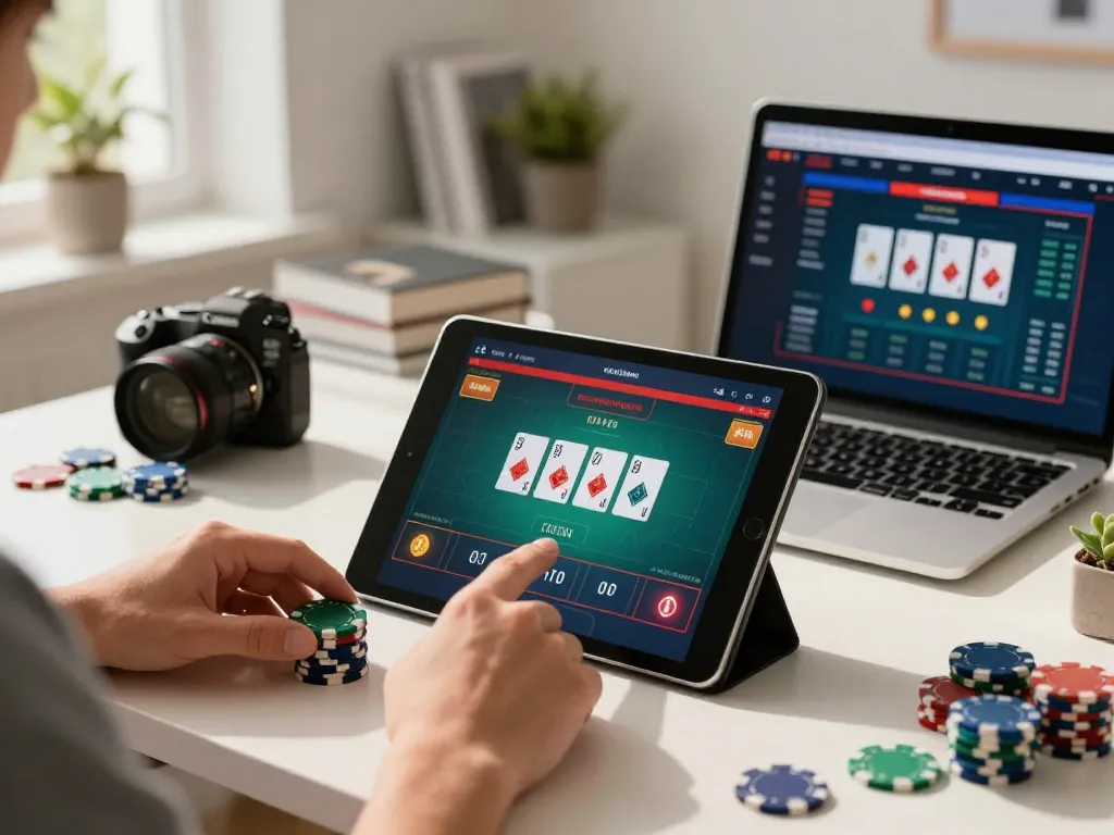Engage in exciting online gaming at https://sin88.expert/ with a tablet showing a poker game, strategic bet placement.