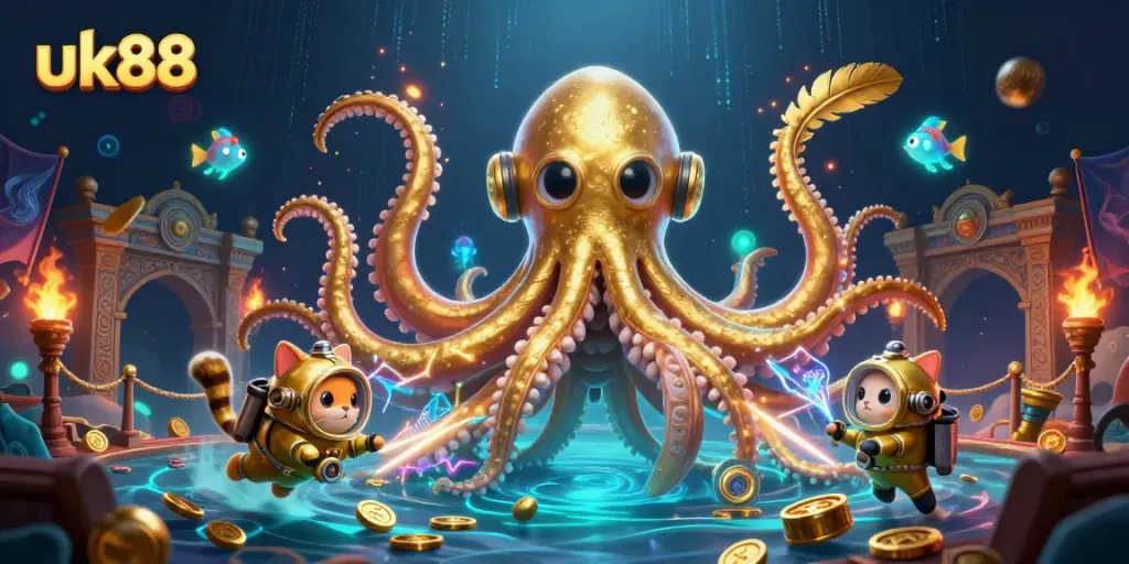 Play vibrant uk88 slots with an enchanting kraken amidst treasure and glowing sea creatures.